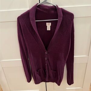 Elegant Plum Shawl Collar Cardigan. Size Small.